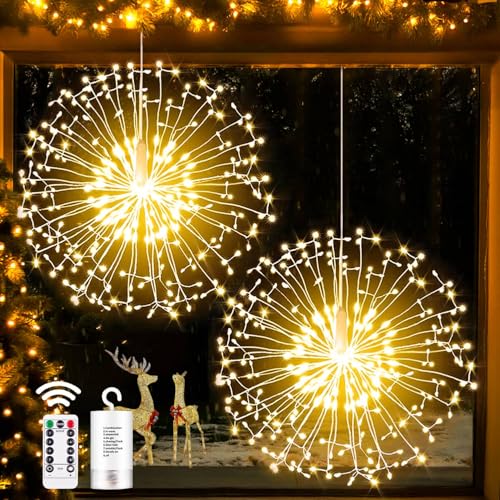 Joycome 2 Stück Feuerwerk Lichterkette 198 LED Weihnachtslicht Batteriebetrieben, 8 Modi Feuerwerk Lichter mit Fernbedienung, Wasserdicht Weihnachtsdeko Licht für Außen Innen Party (Warmweiß) von Joycome