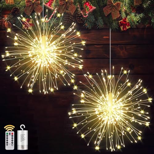 Joycome Feuerwerk Lichterkette 2 Stück 180 LED Weihnachtslicht Batteriebetrieben, 8 Modi Feuerwerk Lichter mit Fernbedienung, Wasserdicht Weihnachtsdeko Licht für Außen Innen Party (Warmweiß) von Joycome