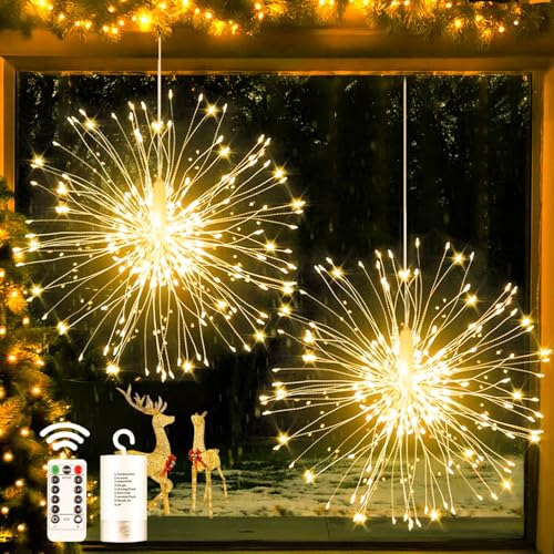 Joycome Feuerwerk Lichterkette 2 Stück 180 LED Weihnachtslicht Batteriebetrieben, 8 Modi Feuerwerk Lichter mit Fernbedienung, Wasserdicht Weihnachtsdeko Licht für Außen Innen Party (Warmweiß) von Joycome