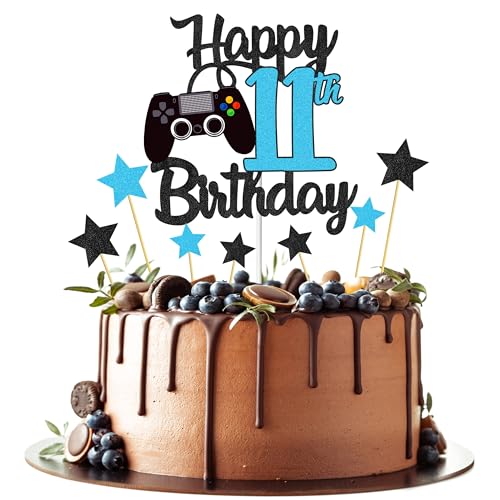Joyeah Happy 11th Birthday Cake Topper Glitter Video Game Cake Pick Game On Cheers to 11 Years Cake Decoration for Game Theme Happy 11th Birthday Party Supplies Blue von Joyeah