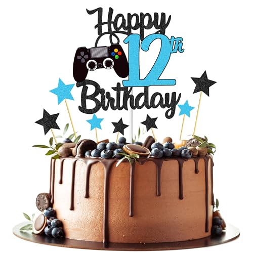 Joyeah Happy 12th Birthday Cake Topper Glitter Video Game Cake Pick Game On Cheers to 12 Years Cake Decoration for Game Theme Happy 17th Birthday Party Supplies Blue von Joyeah