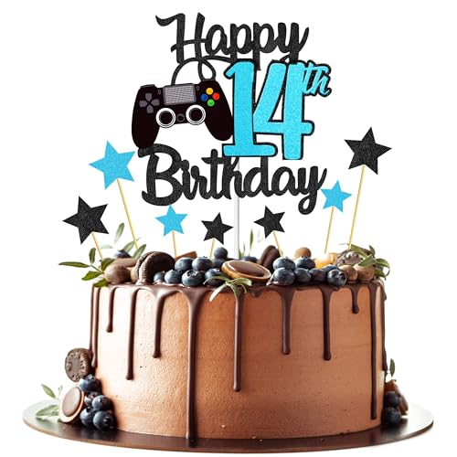 Joyeah Happy 14th Birthday Cake Topper Glitter Video Game Cake Pick Game On Cheers to 14 Years Cake Decoration for Game Theme Happy 14th Birthday Party Supplies Blue von Joyeah