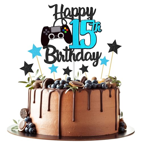 Joyeah Happy 15th Birthday Cake Topper Glitter Video Game Cake Pick Game On Cheers to 15 Years Cake Decoration for Game Theme Happy 15th Birthday Party Supplies Blue von Joyeah