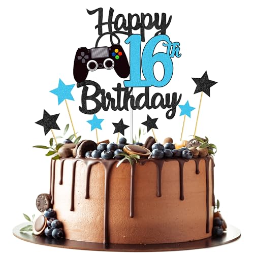 Joyeah Happy 16th Birthday Cake Topper Glitter Video Game Cake Pick Game On Cheers to 16 Years Cake Decoration for Game Theme Happy 16th Birthday Party Supplies Blue von Joyeah