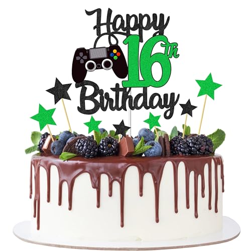 Joyeah Happy 16th Birthday Cake Topper Glitter Video Game Cake Pick Game On Cheers to 16 Years Cake Decoration for Game Theme Happy 16th Birthday Party Supplies Green von Joyeah
