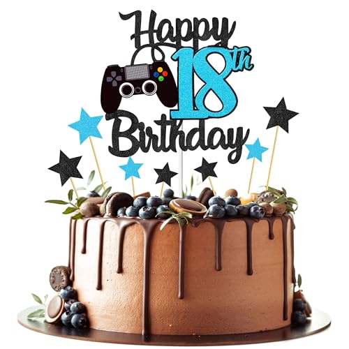 Joyeah Happy 18th Birthday Cake Topper Glitter Video Game Cake Pick Game On Cheers to 18 Years Cake Decoration for Game Theme Happy 18th Birthday Party Supplies Blue von Joyeah