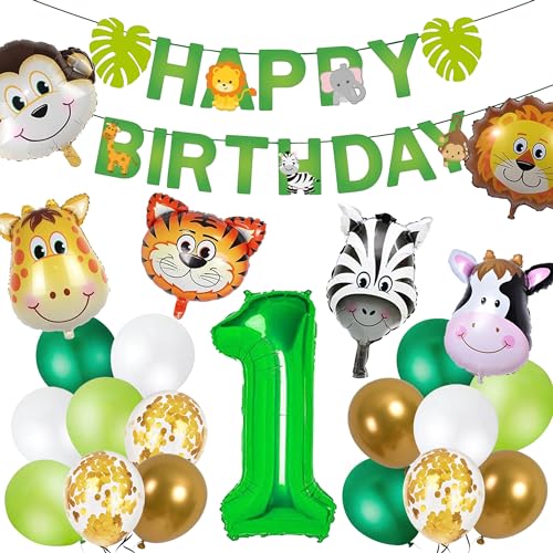 Joyeah Happy 1st Birthday Decorastion Dschungel Safari Thema Party Supplies Safari Wild Thema mit Happy Birthday Banner Nummer 1st Ballon Tier Luftballons Party Dekoration für Jungen Mädchen von Joyeah