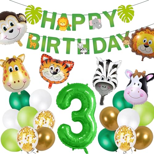 Joyeah Happy 3rd Birthday Decorastion Jungle Safari Theme Party Supplies Safari Wild Theme with Happy Birthday Banner Number 3rd Balloon Animal Balloons Party Decoration for Boys and Girls von Joyeah