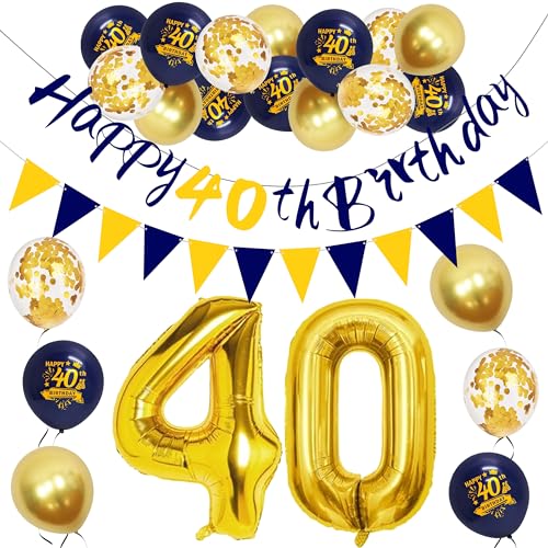 Joyeah Happy 40th Birthday Decorations Navy Blue Gold 40th Birthday Balloon Party Decorations For Mens Womens Happy 40th Birthday Banner Bunting Kit von Joyeah