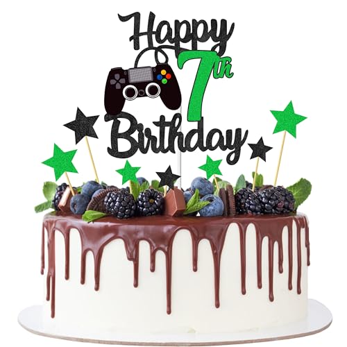 Joyeah Happy 7th Birthday Cake Topper Glitter Video Game Cake Pick Game On Cheers to 7 Years Cake Decoration for Game Theme Happy 7th Birthday Party Supplies Green von Joyeah