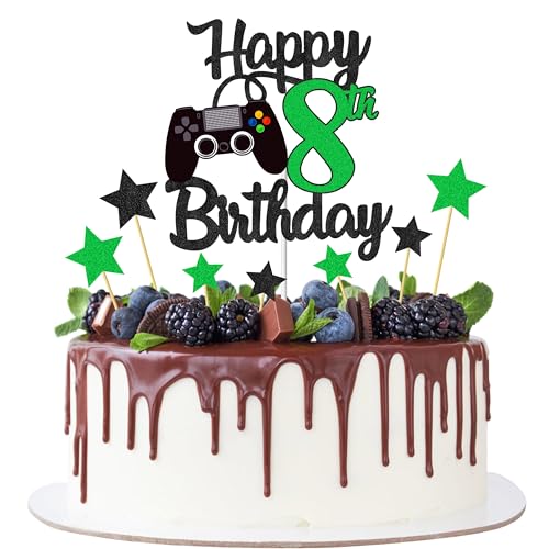 Joyeah Happy 8th Birthday Cake Topper Glitter Video Game Cake Pick Game On Cheers to 8 Years Cake Decoration for Game Theme Happy 8th Birthday Party Supplies Green von Joyeah