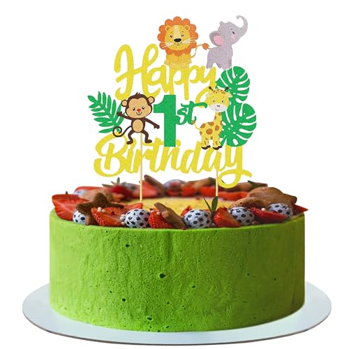 Joyeah Jungle Animal 1st Birthday Cake Toppers for Wild One Tiger Giraffe Lion Theme Party, Happy Birthday Toppers Decoration for DIY Dessert Cake Decoration Supplies von Joyeah
