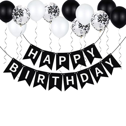 Joyeah Schwarze Geburtstagsdekorationen für Männer und Frauen, schwarz-weiße Partydekorationen für Jungen und Mädchen mit schwarzem Happy Birthday-Banner, Konfetti-Luftballons, Partyzubehör von Joyeah