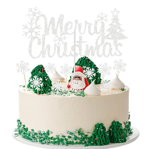 Joyeah Silver Merry Christmas Topper Cupcake Toppers Silver Glitter Holiday Xmas Cake Picks Decorations for Christmas Party Supplies von Joyeah