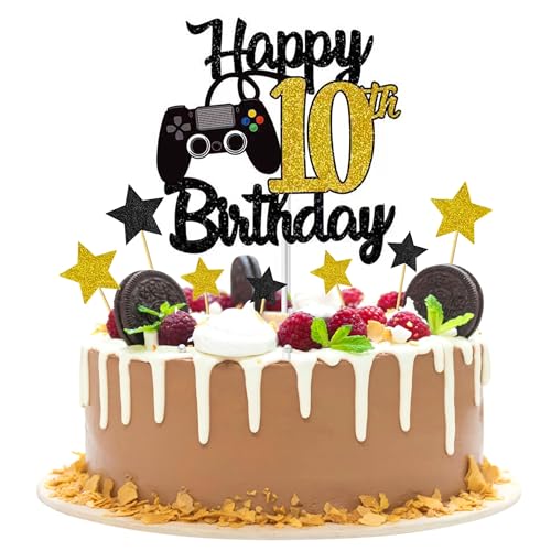 Joyeah Tortenaufsatz "Happy 10th Birthday", Glitzer, Videospiel, Kuchenpicker, Spiel auf Prost bis 10 Jahre, Kuchendekoration für Spielthema, Happy 10th Birthday, Partyzubehör, Gold Joyeah Tortenaufsatz "Happy 10th Birthday", Glitzer, Videospiel, Kuchenpicker, Spiel auf Prost bis 10 Jahre, Kuchendekoration für Spielthema, Happy 10th Birthday, Partyzubehör, Gold von Joyeah