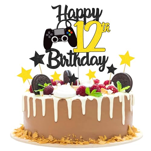 Joyeah Tortenaufsatz "Happy 12th Birthday", Glitzer, Videospiel, Kuchenpicker, Spiel auf Cheers to 12 Jahre, Kuchendekoration für Spielthema, Happy 12th Birthday, Partyzubehör, Gold von Joyeah