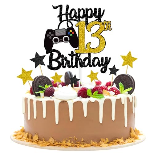 Joyeah Tortenaufsatz "Happy 13th Birthday", Glitzer, Videospiel, Kuchenpicker, Spiel auf Cheers to 13 Jahre, Kuchendekoration für Spielthema, Happy 13th Birthday, Partyzubehör, Gold Joyeah Tortenaufsatz "Happy 13th Birthday", Glitzer, Videospiel, Kuchenpicker, Spiel auf Cheers to 13 Jahre, Kuchendekoration für Spielthema, Happy 13th Birthday, Partyzubehör, Gold von Joyeah