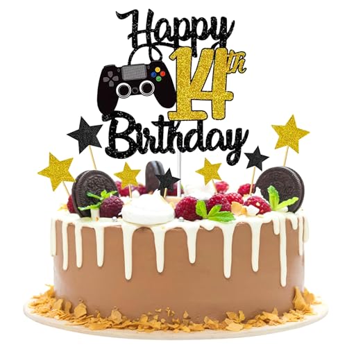Joyeah Tortenaufsatz "Happy 14th Birthday", Glitzer, Videospiel, Kuchenpicker, Spiel auf Prost bis 14 Jahre, Kuchendekoration für Spielthema, Happy 14th Birthday, Partyzubehör, Gold Joyeah Tortenaufsatz "Happy 14th Birthday", Glitzer, Videospiel, Kuchenpicker, Spiel auf Prost bis 14 Jahre, Kuchendekoration für Spielthema, Happy 14th Birthday, Partyzubehör, Gold von Joyeah