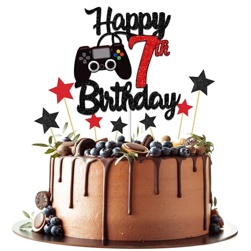 Joyeah Tortenaufsatz "Happy 7th Birthday", Glitzer, Videospiel, Kuchenpicker, Spiel auf Prost bis 7 Jahre, Kuchendekoration für Spielthema, Happy 7th Birthday, Partyzubehör, Rot Joyeah Tortenaufsatz "Happy 7th Birthday", Glitzer, Videospiel, Kuchenpicker, Spiel auf Prost bis 7 Jahre, Kuchendekoration für Spielthema, Happy 7th Birthday, Partyzubehör, Rot von Joyeah