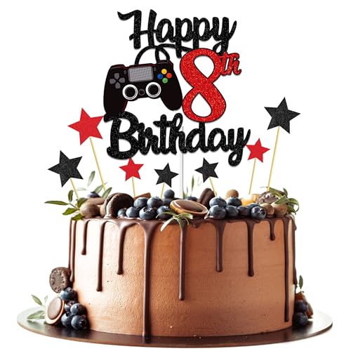 Joyeah Tortenaufsatz "Happy 8th Birthday", Glitzer, Videospiel, Kuchenpick, Spiel auf Prost bis 8 Jahre, Kuchendekoration für Spielthema, Happy 8th Birthday, Partyzubehör, Rot Joyeah Tortenaufsatz "Happy 8th Birthday", Glitzer, Videospiel, Kuchenpick, Spiel auf Prost bis 8 Jahre, Kuchendekoration für Spielthema, Happy 8th Birthday, Partyzubehör, Rot von Joyeah
