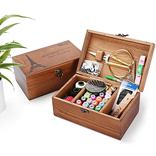 Joyeee Holz Nähset - Premium Nähanzugbox mit kompletten Nähzubehör für Ausbessern von Kleidung, DIY Hobby Haushalt Nähwerkzeuge für Oma Mutter Mädchen Anfänger, Tragbare für Reise und Notfall#3 von Joyeee