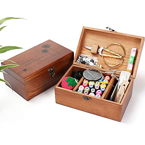 Joyeee Holz Nähset - Premium Nähanzugbox mit kompletten Nähzubehör für Ausbessern von Kleidung, DIY Hobby Haushalt Nähwerkzeuge für Oma Mutter Mädchen Anfänger, Tragbare für Reise und Notfall#4 von Joyeee