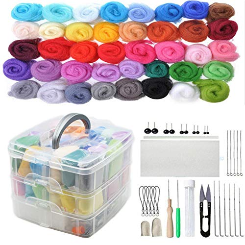 Joyeee Nadelfilz set für anfänger, Nadelfilz-Anfänger DIY-Set mit 40 Farben Filzwolle Roving, komplettes Nadelfilzwerkzeug-Zubehör, 3 Größen Filzen Nadeln, Ahle, Schere, Holzgriff von Joyeee