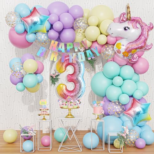 120 Stück 3rd Einhorn Ballons Geburtstagsdekoration Mädchen Pastell Macaron Luftballon Girlande Arch Kit, Rosa Lila Confetti Latexballons mit Folienballon Zahl 3rd Kuchen Topper Happy Birthday banner von JoyeuVie