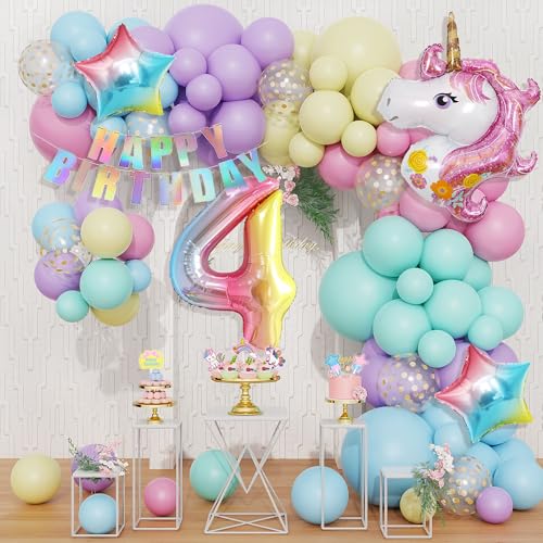 120 Stück 4th Einhorn Ballons Geburtstagsdekoration Mädchen Pastell Macaron Luftballon Girlande Arch Kit, Rosa Lila Confetti Latexballons mit Folienballon Zahl 4th Kuchen Topper Happy Birthday banner von JoyeuVie