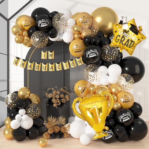 141PCS Luftballons Abschlussfeier Graduation Party Dekorations Schwarz Gold Bedruckter Luftballons 2025 Aluminium Ballon für Graduation Abschluss Party Deko von JoyeuVie