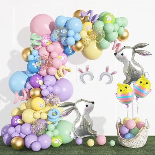 155 Stück Ostern Luftballons Girlande Party Dekoration Jungen Mädchen Bedruckt Pastel Rot Blau Luftballons Kaninchenohr Küken Aluminiumfolie Ballons für Easter Kinder Geburtstag Baby Shower von JoyeuVie