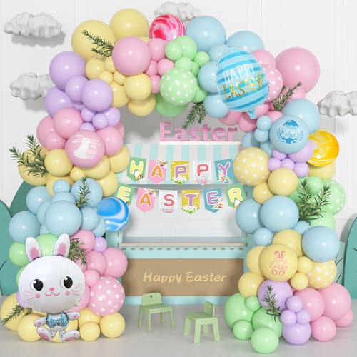 157Stück Ostern Luftballons Girlande Ostern Party Dekorationen Kaninchen Aluminiumfolie Pastel Rot Gelb Blau Luftballons HAPPY EASTER Banner für Ostern Party Deko Geburtstag von JoyeuVie