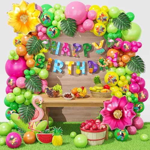 158Stück Tropische Luftballon Girlande Deko Hawaii Heißrosa Grün Gelb Latex Hawaii Vogeldruck Latex Ballon HAPPY BIRTHDAY Fahne Blumen Luau Sommer Kindergeburtstags Party Deko von JoyeuVie