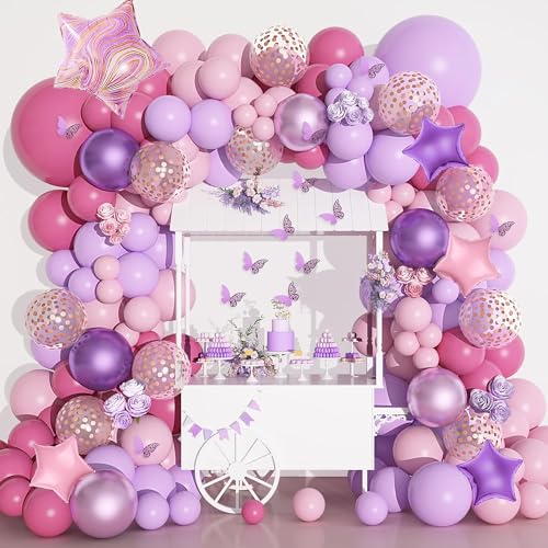 180Stück Rosa Lila Luftballons Girlande für Mädchen Frau Geburtstag Lila Rosa Party Dekorieren 12Stück Hohler Schmetterling Aufkleber Ballon für Geburtstag Babyparty Hochzeit von JoyeuVie