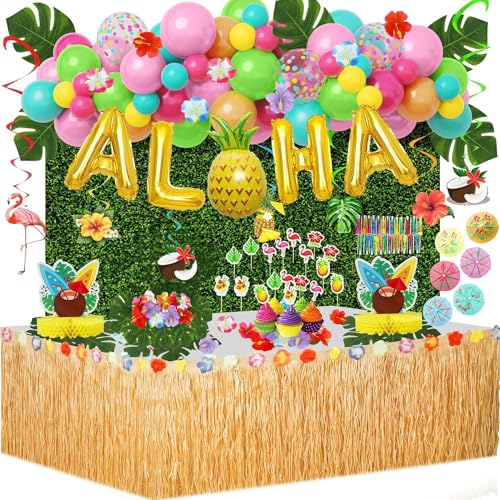 Hawaii Tropische Luau Party Deko 153Pcs Tropischer Sommer Strand Geburtstags Gras Tischrock Hängende Wirbel Luftballon Girlande Honigwaben Mittelstück Hibiskus Palmenblätter CakeTopper von JoyeuVie