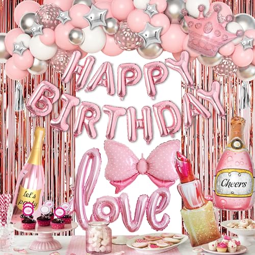 Rosa Silbrig Luftballon Girlande Kit Mädchen Geburtstag Party Dekoration Rosa Bogen Krone Lippenstift Love Happy Birthday Folien Luftballon für Mädchen Baby Shower Hochzeit Party Deko von JoyeuVie