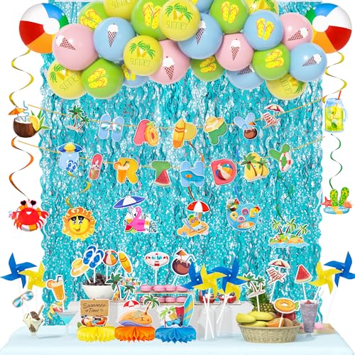 Sommer Blau Geburtstag Deko Tropische Beach Ballon Party Supplies 59Stück Blau Gelb Grün Luftballon Windmühlen Blau Fransen Vorhänge HAPPY BIRTHDAY Banner Strandball Hawaii Pool Spiralen Waben Deko von JoyeuVie