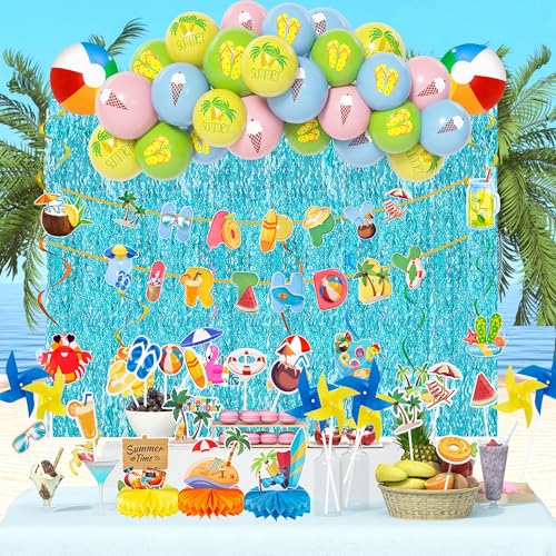 Sommer Blau Geburtstag Deko Tropische Beach Ballon Party Supplies 59Stück Blau Gelb Grün Luftballon Windmühlen Blau Fransen Vorhänge HAPPY BIRTHDAY Banner Strandball Hawaii Pool Spiralen Waben Deko von JoyeuVie