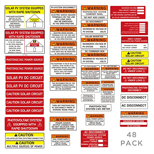 48 Stück PV Solaranlage Installationsetiketten, Joyfulmap Photovoltaik Sicherheitsetiketten, NEC 2020, NEC 2017, Photovoltaik Stromquellenetiketten,Solar PV Sicherheitswarnpaket von Joyfulmap