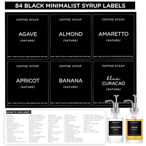 84 Kaffeesirup-Etiketten, Joyfulmap 6 x 6,5 cm, minimalistisches Etikett für Kaffee-Bar-Zubehör, wasserdichtes Vinyl, Essentials für Sirup-Glas/Kunststoffflasche & Spender-Organisation (Schwarz) von Joyfulmap