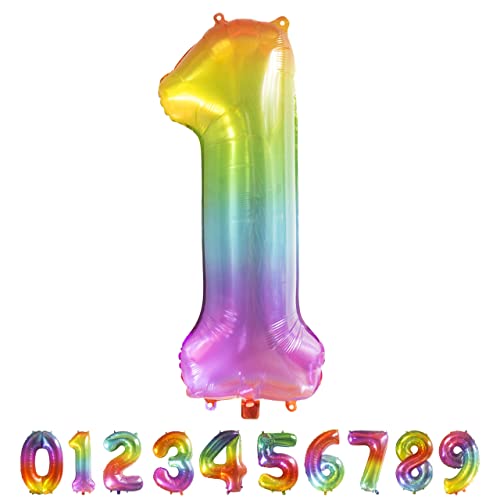 Luftballon Regenbogen Zahl 1 XXL I 101 CM GROSS I Ideal für Party- und Geburtstagsdekorationen I Mit Zubehör zum Aufblasen I Luft oder Helium von Joyloons