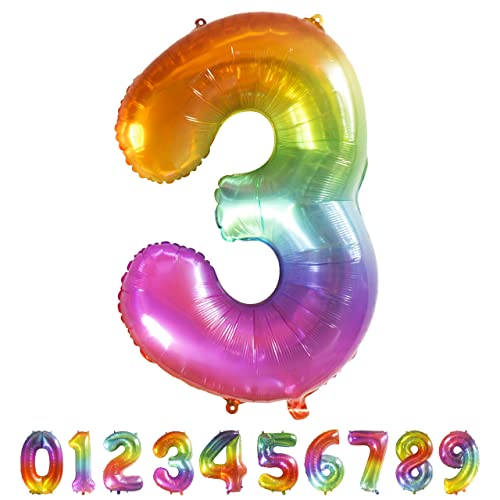 Luftballon Regenbogen Zahl 3 XXL I 101 CM GROSS I Ideal für Party- und Geburtstagsdekorationen I Mit Zubehör zum Aufblasen I Luft oder Helium von Joyloons