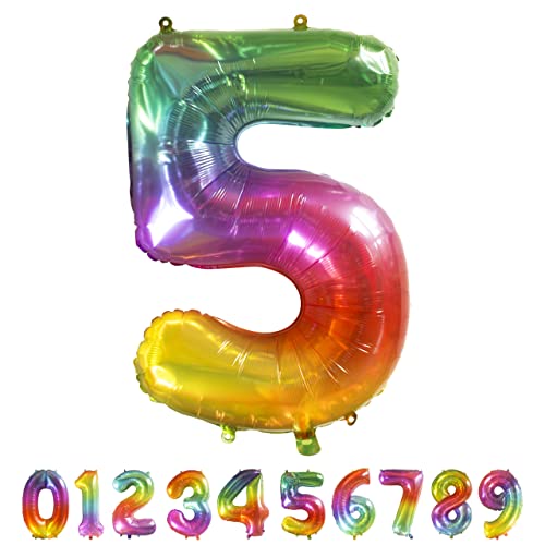 Luftballon Regenbogen Zahl 5 XXL I 101 CM GROSS I Ideal für Party- und Geburtstagsdekorationen I Mit Zubehör zum Aufblasen I Luft oder Helium von Joyloons
