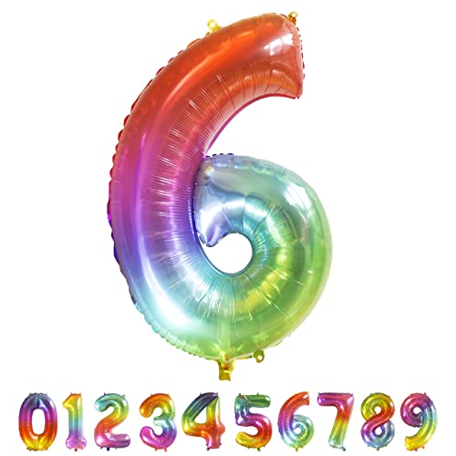 Luftballon Regenbogen Zahl 6 XXL I 101 CM GROSS I Ideal für Party- und Geburtstagsdekorationen I Mit Zubehör zum Aufblasen I Luft oder Helium von Joyloons