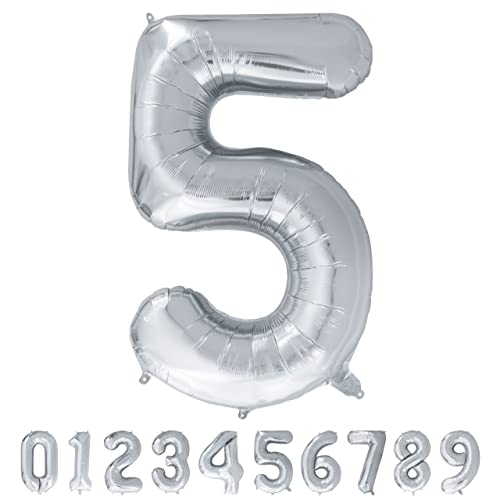 Luftballon Zahl 5 Silber XXL I 101 CM GROSS I Ideal für Party- und Geburtstagsdekorationen I Mit Zubehör zum Aufblasen I Luft oder Helium von Joyloons