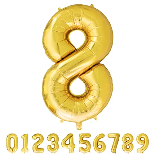 Luftballon Zahl 8 Gold XXL I 101 CM GROSS I Ideal für Party- und Geburtstagsdekorationen I Mit Zubehör zum Aufblasen I Luft oder Helium von Joyloons
