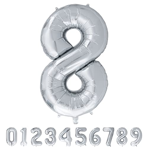 Luftballon Zahl 8 Silber XXL I 101 CM GROSS I Ideal für Party- und Geburtstagsdekorationen I Mit Zubehör zum Aufblasen I Luft oder Helium von Joyloons