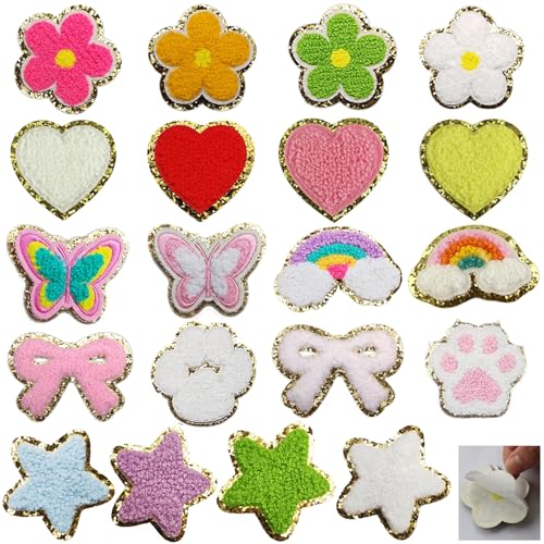 Joynaamn 20 Stück selbstklebende bunte Chenille-Patches mit Paillettenkanten in verschiedenen Designs, Herz, Schmetterling, Blume, Regenbogen-Stern Joynaamn 20 Stück selbstklebende bunte Chenille-Patches mit Paillettenkanten in verschiedenen Designs, Herz, Schmetterling, Blume, Regenbogen-Stern von Joynaamn