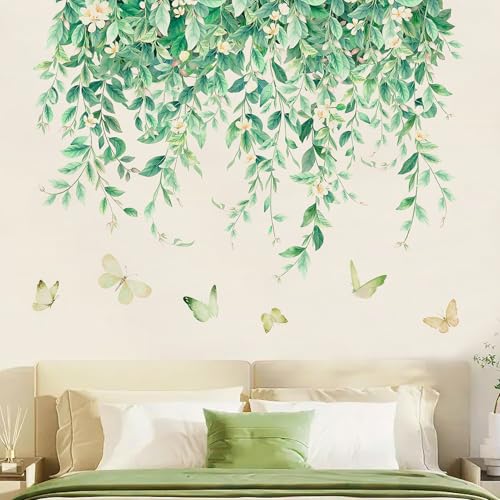 Joynine Wandtattoo Hängende Grüne Blätter Rebe Weiße Blumen Wandaufkleber Schmetterling Wandsticker Frühlingsdekoration Wall Decor Wandtattoo für Wohnzimmer Schlafzimmer Sofa Hintergrund Kinderzimmer von Joynine