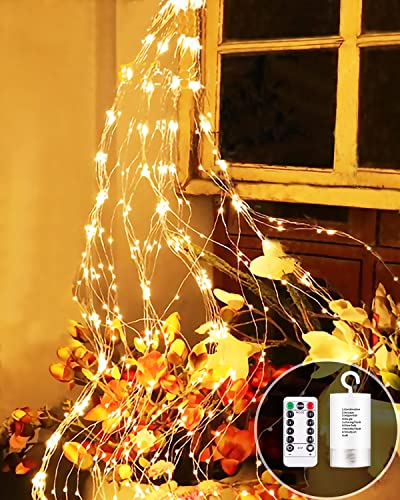 Joysing Lichterschweif 2M 200 LED Lichterbündel Batteriebetrieben mit Fernbedienung, 8 Modi Lichterkette Wasserfall Wasserdichte Weihnachtsbeleuchtung für Innen Außen Garten Deko - Warmweiß von Joysing
